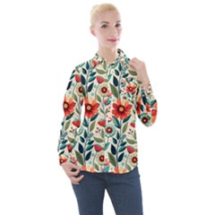 Flowers Flora Floral Background Pattern Nature Seamless Bloom Background Wallpaper Spring Women s Long Sleeve Pocket Shirt