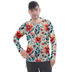 Flowers Flora Floral Background Pattern Nature Seamless Bloom Background Wallpaper Spring Men s Pique Long Sleeve T-shirt