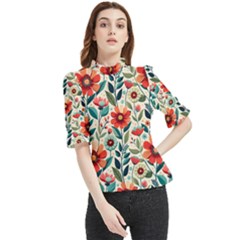 Flowers Flora Floral Background Pattern Nature Seamless Bloom Background Wallpaper Spring Frill Neck Blouse