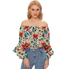 Flowers Flora Floral Background Pattern Nature Seamless Bloom Background Wallpaper Spring Off Shoulder Flutter Bell Sleeve Top