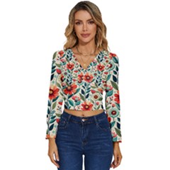 Flowers Flora Floral Background Pattern Nature Seamless Bloom Background Wallpaper Spring Long Sleeve V-neck Top