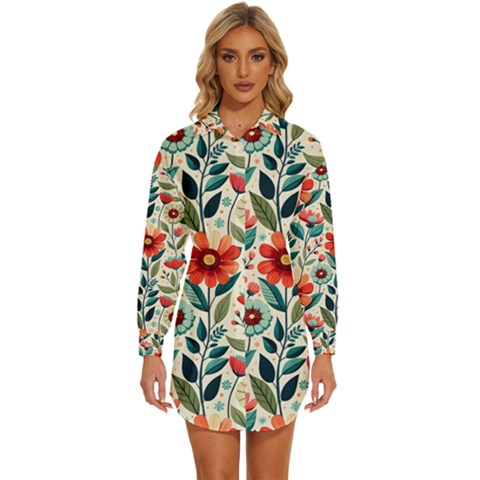 Flowers Flora Floral Background Pattern Nature Seamless Bloom Background Wallpaper Spring Womens Long Sleeve Shirt Dress by Maspions