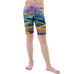 Field Valley Nature Meadows Flowers Dawn Landscape Kids  Mid Length Swim Shorts