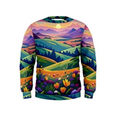 Field Valley Nature Meadows Flowers Dawn Landscape Kids  Sweatshirt