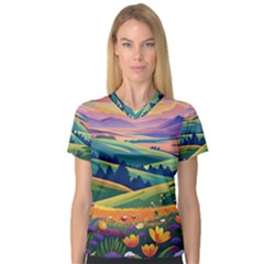 Field Valley Nature Meadows Flowers Dawn Landscape V-neck Sport Mesh T-shirt