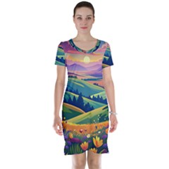 Field Valley Nature Meadows Flowers Dawn Landscape Short Sleeve Nightdress