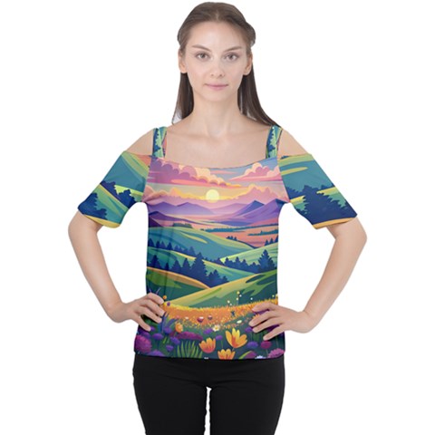 Field Valley Nature Meadows Flowers Dawn Landscape Cutout Shoulder T-shirt by Maspions