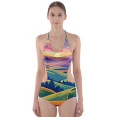 Field Valley Nature Meadows Flowers Dawn Landscape Cut-out One Piece Swimsuit