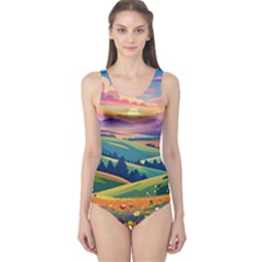 Field Valley Nature Meadows Flowers Dawn Landscape One Piece Swimsuit