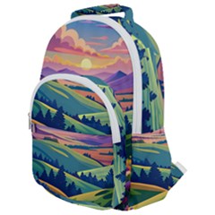 Field Valley Nature Meadows Flowers Dawn Landscape Rounded Multi Pocket Backpack by Maspions