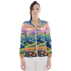 Field Valley Nature Meadows Flowers Dawn Landscape Women s Windbreaker