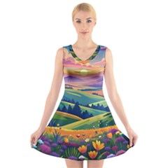 Field Valley Nature Meadows Flowers Dawn Landscape V-neck Sleeveless Dress