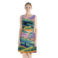 Field Valley Nature Meadows Flowers Dawn Landscape Sleeveless Waist Tie Chiffon Dress