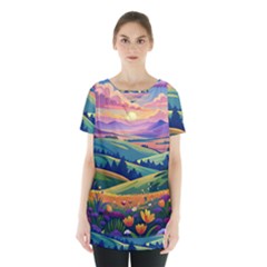 Field Valley Nature Meadows Flowers Dawn Landscape Skirt Hem Sports Top