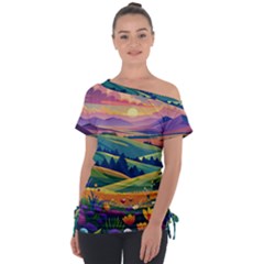 Field Valley Nature Meadows Flowers Dawn Landscape Off Shoulder Tie-up T-shirt