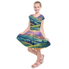 Field Valley Nature Meadows Flowers Dawn Landscape Kids  Short Sleeve Dress