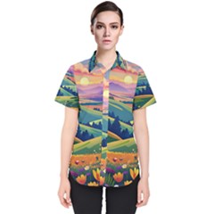 Field Valley Nature Meadows Flowers Dawn Landscape Women s Short Sleeve Shirt