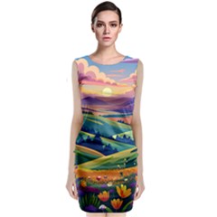 Field Valley Nature Meadows Flowers Dawn Landscape Sleeveless Velvet Midi Dress by Maspions