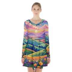 Field Valley Nature Meadows Flowers Dawn Landscape Long Sleeve Velvet V-neck Dress