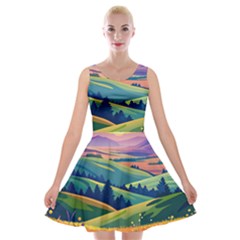 Field Valley Nature Meadows Flowers Dawn Landscape Velvet Skater Dress