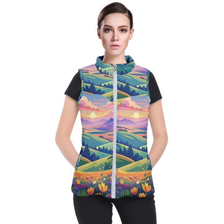 Field Valley Nature Meadows Flowers Dawn Landscape Women s Puffer Vest