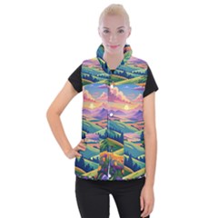 Field Valley Nature Meadows Flowers Dawn Landscape Women s Button Up Vest