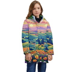 Field Valley Nature Meadows Flowers Dawn Landscape Kids  Hooded Longline Puffer Jacket