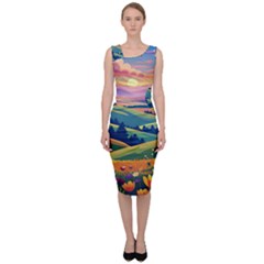 Field Valley Nature Meadows Flowers Dawn Landscape Sleeveless Pencil Dress by Maspions