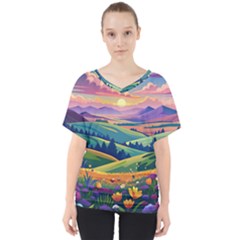 Field Valley Nature Meadows Flowers Dawn Landscape V-neck Dolman Drape Top