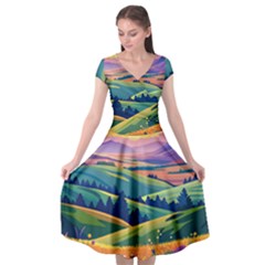 Field Valley Nature Meadows Flowers Dawn Landscape Cap Sleeve Wrap Front Dress