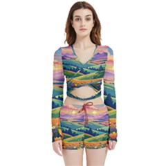 Field Valley Nature Meadows Flowers Dawn Landscape Velvet Wrap Crop Top And Shorts Set