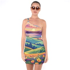 Field Valley Nature Meadows Flowers Dawn Landscape One Shoulder Ring Trim Bodycon Dress