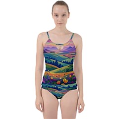 Field Valley Nature Meadows Flowers Dawn Landscape Cut Out Top Tankini Set