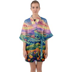 Field Valley Nature Meadows Flowers Dawn Landscape Half Sleeve Satin Kimono 