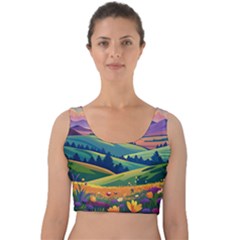 Field Valley Nature Meadows Flowers Dawn Landscape Velvet Crop Top