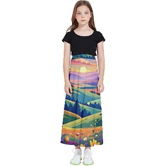 Field Valley Nature Meadows Flowers Dawn Landscape Kids  Flared Maxi Skirt