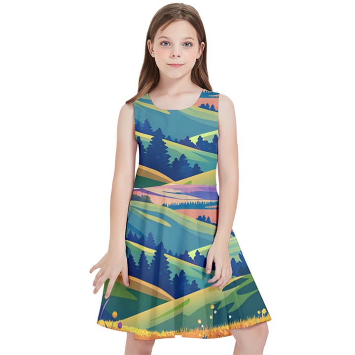 Field Valley Nature Meadows Flowers Dawn Landscape Kids  Skater Dress