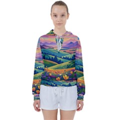 Field Valley Nature Meadows Flowers Dawn Landscape Women s Tie Up Sweat