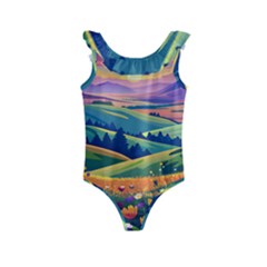 Field Valley Nature Meadows Flowers Dawn Landscape Kids  Frill Swimsuit