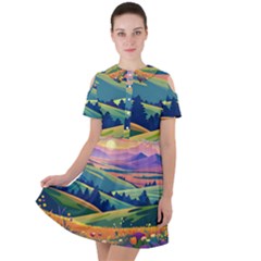 Field Valley Nature Meadows Flowers Dawn Landscape Short Sleeve Shoulder Cut Out Dress 