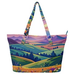 Field Valley Nature Meadows Flowers Dawn Landscape Full Print Shoulder Bag by Maspions