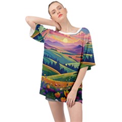 Field Valley Nature Meadows Flowers Dawn Landscape Oversized Chiffon Top