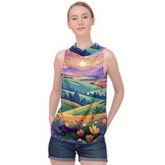 Field Valley Nature Meadows Flowers Dawn Landscape High Neck Satin Top