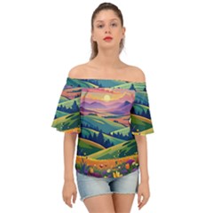 Field Valley Nature Meadows Flowers Dawn Landscape Off Shoulder Short Sleeve Top