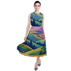 Field Valley Nature Meadows Flowers Dawn Landscape Round Neck Boho Dress