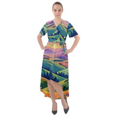 Field Valley Nature Meadows Flowers Dawn Landscape Front Wrap High Low Dress