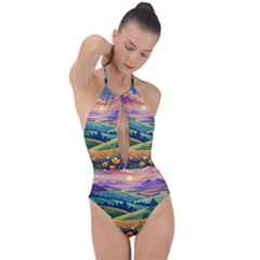 Field Valley Nature Meadows Flowers Dawn Landscape Plunge Cut Halter Swimsuit