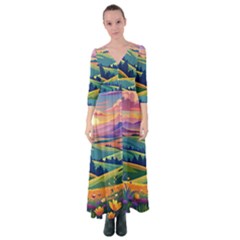 Field Valley Nature Meadows Flowers Dawn Landscape Button Up Maxi Dress