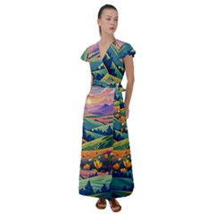 Field Valley Nature Meadows Flowers Dawn Landscape Flutter Sleeve Maxi Dress by Maspions