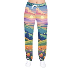 Field Valley Nature Meadows Flowers Dawn Landscape Women Velvet Drawstring Pants